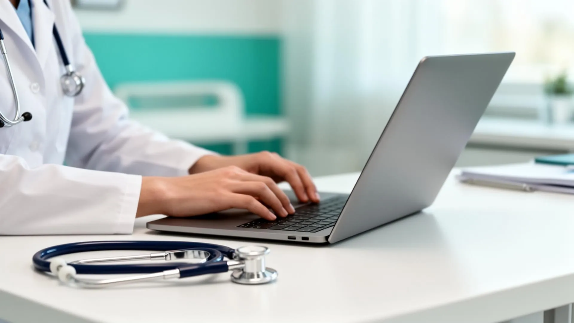 Physician working at a clean clinic desk with laptop and stethoscope